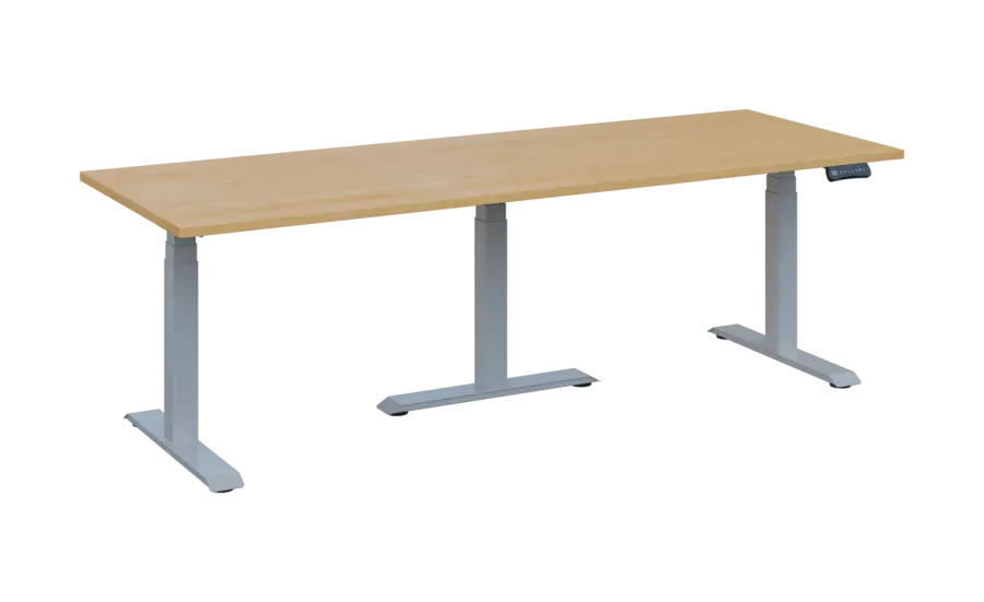 FLEXIMEET 220-80 výškově nastavitelný stůl, kovová podnož stříbrná, deska 25 mm, široký 2200 mm, javor horský